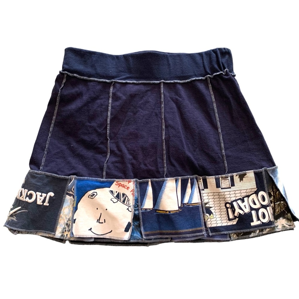 Pantaluna throwback vintage style patchwork comic book cartoon navy mini skirt